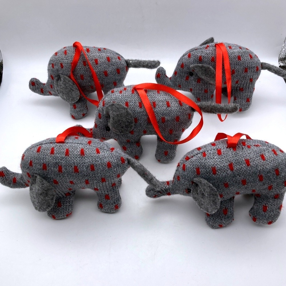 Lot Of 5 Jingles And Joy Knit Elephants Ornaments Gray/Red Polka Dots